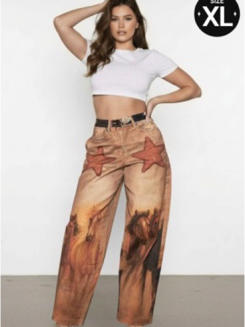 Vintage-Inspired Horse Print Wide Leg Jeans